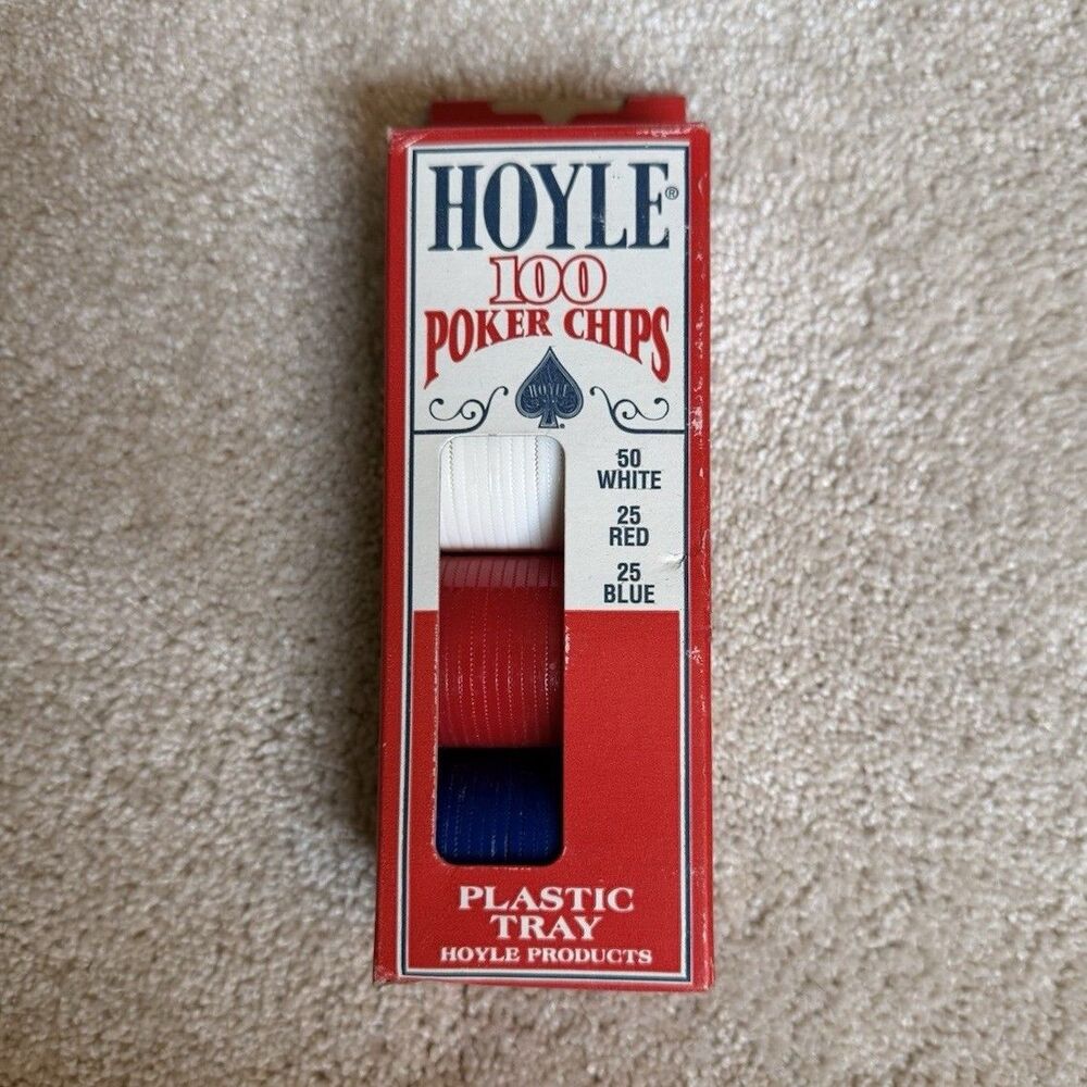 Hoyle Poker 100 Plastic Chips w/ Tray Set 50 White 25 Red 25 Blue